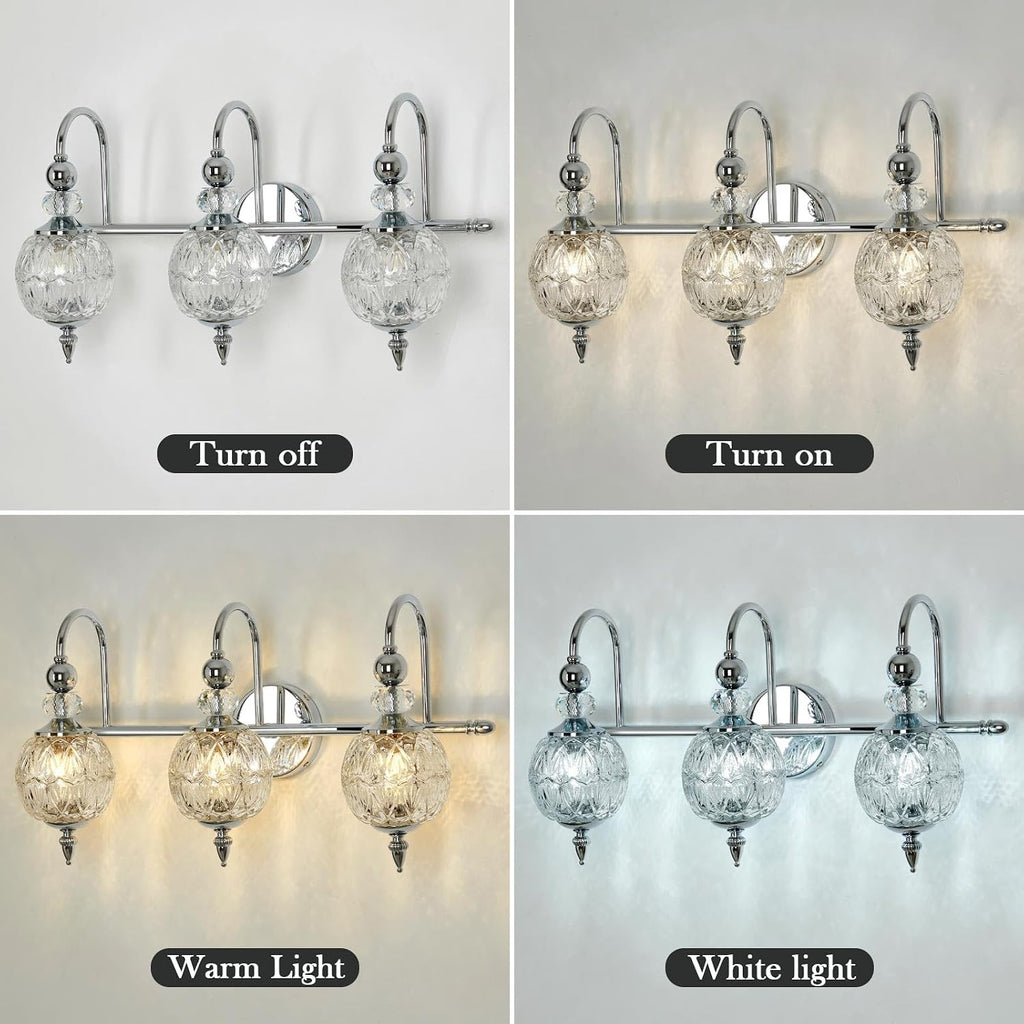 Piepooye Modern Bathroom Light Fixtures Polished Chrome Vanity Light with Glass Globe LampShade 3 Lights Mid Century G9 Bulb Wall Sconce Indoor Vanity Light Over Mirror for Bedroom Kitchen Hallway