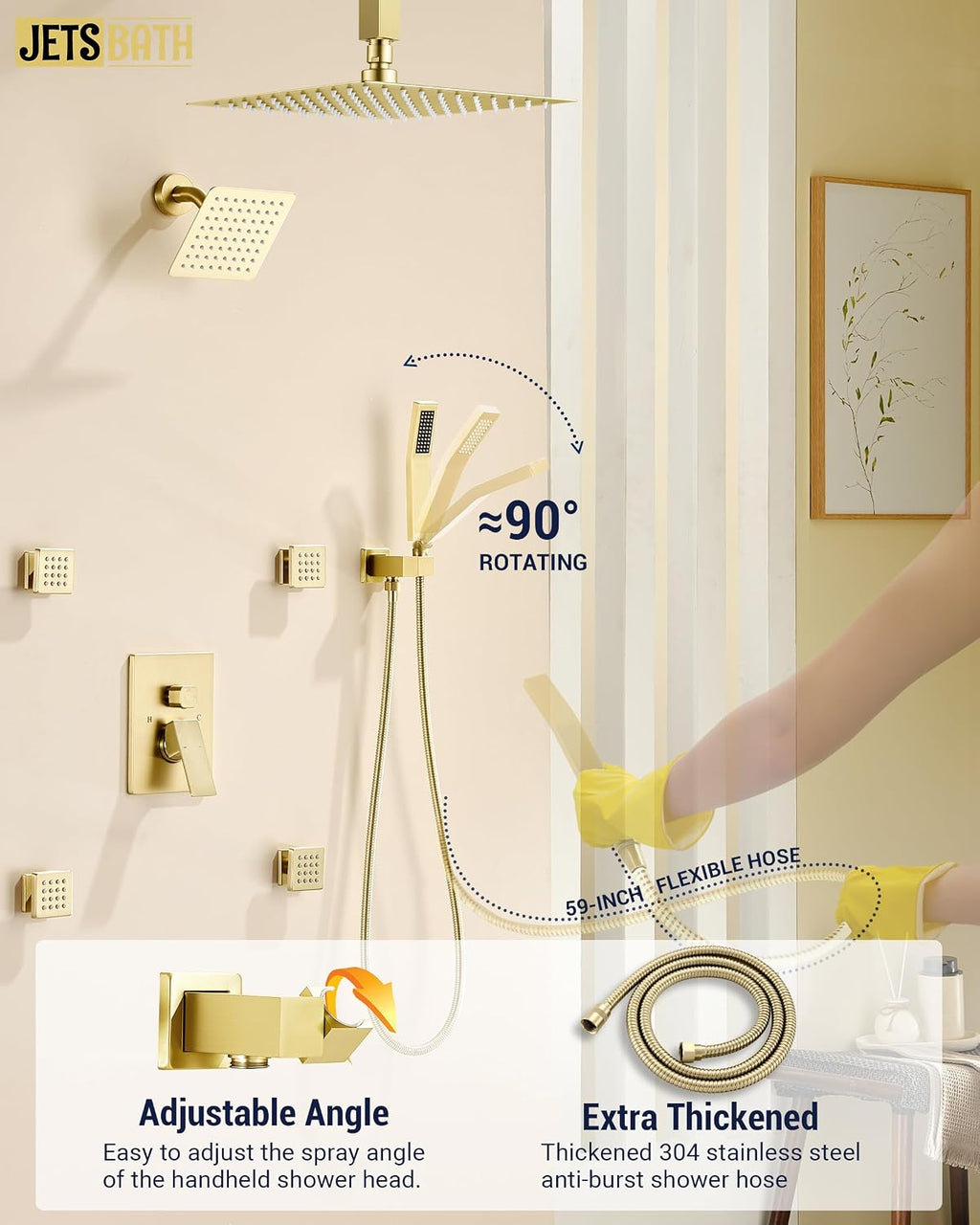 Dual Rainfall Head Shower System with 4 Body Jets, JetsBath Shower Faucet Set Double Shower Head 6-Inch Shower & 12' Rain Shower, Luxury Brushed Gold Shower Faucet Set Tandem Shower Head System