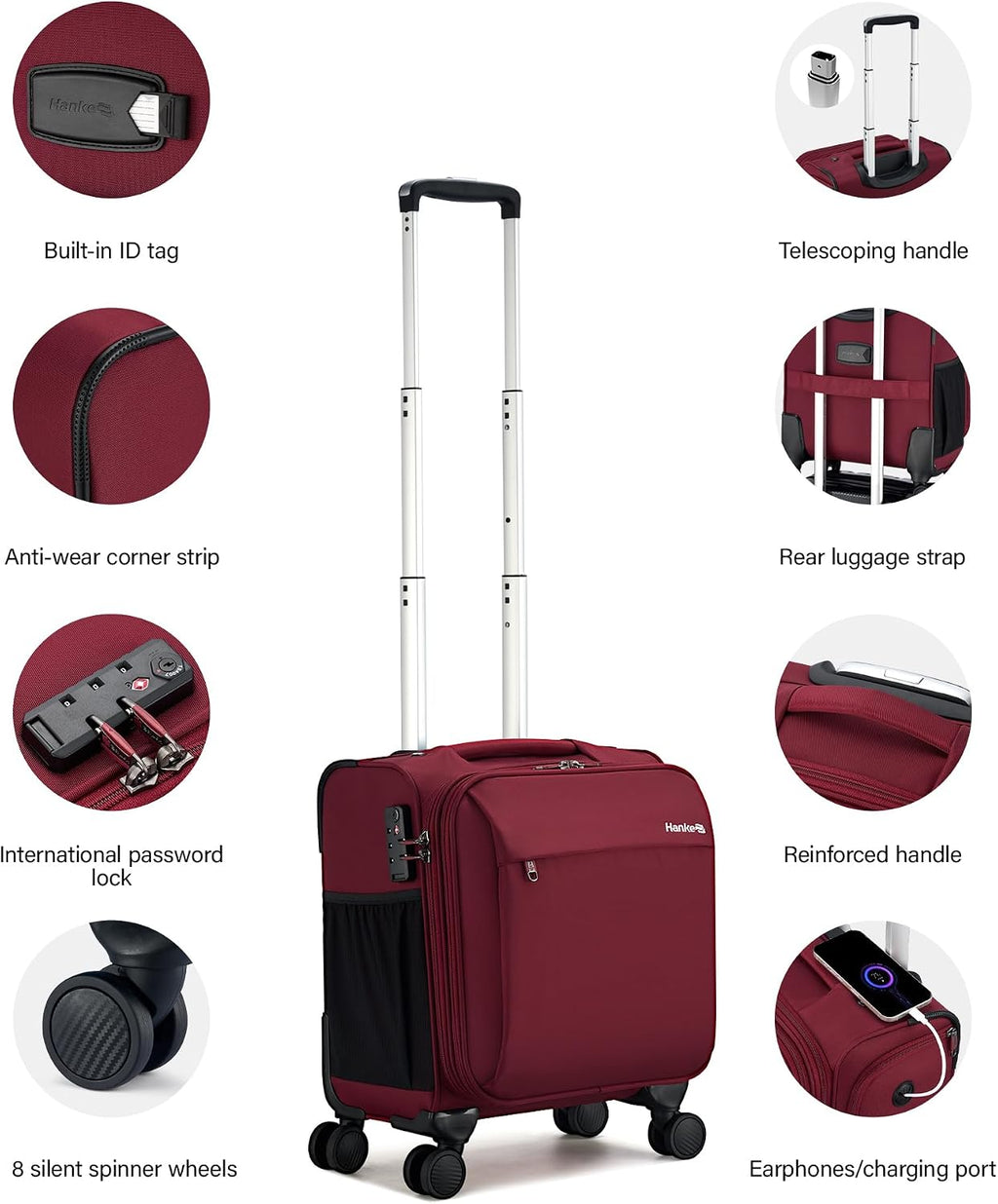 Hanke 16 Inch Underseat Carry On Luggage with Wheels Small Suitcase Softside Luggage Bags for Travel Lightweight Suitcases with Wheels Travel Luggage Personal Item for Men and Women(Burgundy)