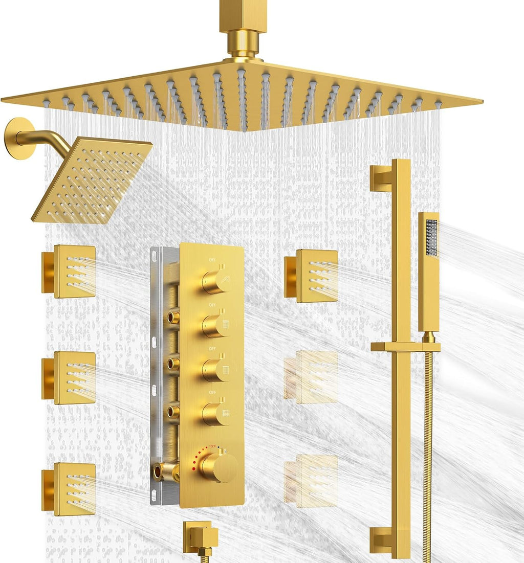Dual Shower Heads Shower System: Aposhion Thermostatic Shower System - 16' & 6' Rainfall Shower Heads with Handheld Sprayer & 6 Body Massage Jets, Bathroom Shower Faucet Set with Valve, Brushed Gold