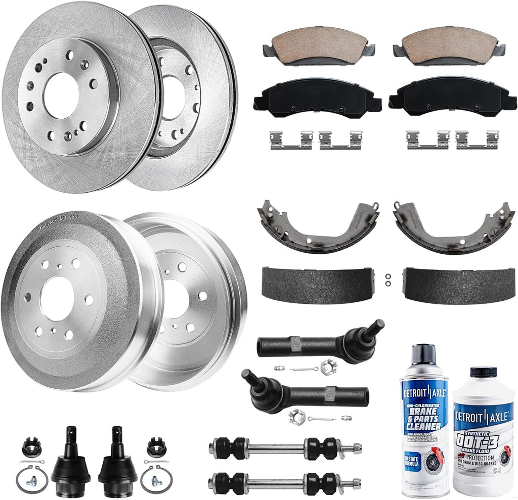 Detroit Axle - Front Brake Kit for 2009-2013 Silverado Sierra 1500 GMC Chevy, Ball Joints Tie Rods Sway Bars Disc Brake Rotors Ceramic Brake Pads Rear Brake Drums Brake Shoes Replacement