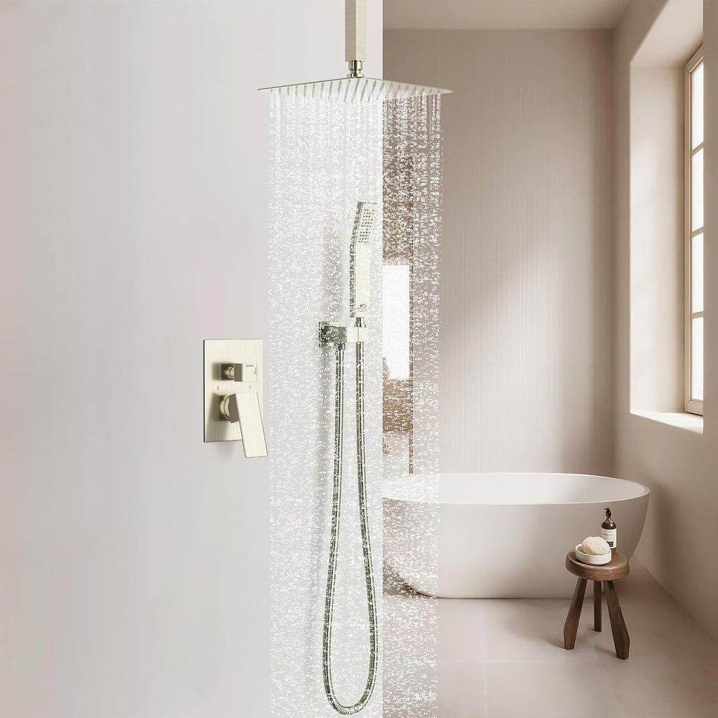 SunCleanse Rainfall Shower Faucet Set Brushed Nickel Shower Combo Set for Bathroom with High Pressure 10 inch Shower Head with Handheld Shower Valves Shower Head and Handheld Ceiling Mounted