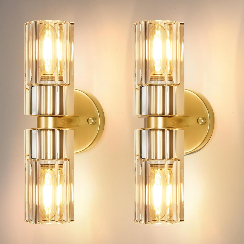 Crystal Wall Sconces Set of Two, 13'' Modern Brass Sconces Lighting with K9 Crystal Lampshade, Indoor Large Brass Wall Light Fixtures for Living Room Bathroom Hallway Stairs Bedroom