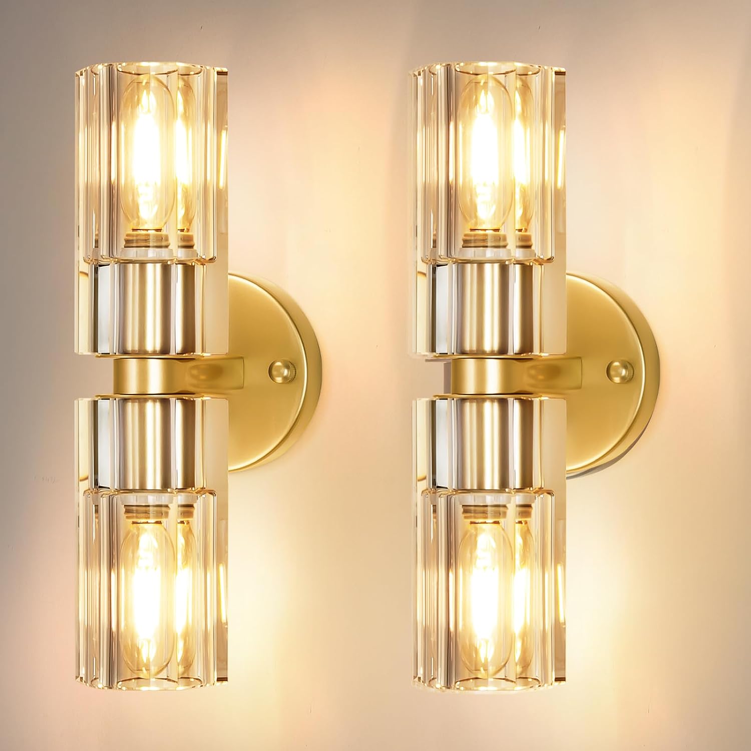 Crystal Wall Sconces Set of Two, 13'' Modern Brass Sconces Lighting with K9 Crystal Lampshade, Indoor Large Brass Wall Light Fixtures for Living Room Bathroom Hallway Stairs Bedroom