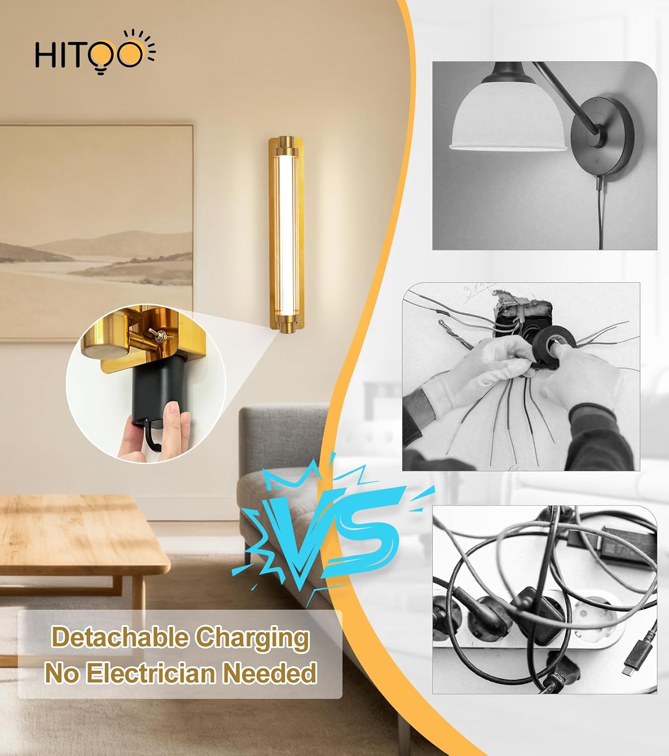 Battery Operated Wall Sconce Wall Decor Set of 2, Gold Rechargeable Wall Sconces 15000mAh Detachable Battery Wall Light Modern No Hardwiring Portable Lighting for Wall Painting, Bedroom, Hallway