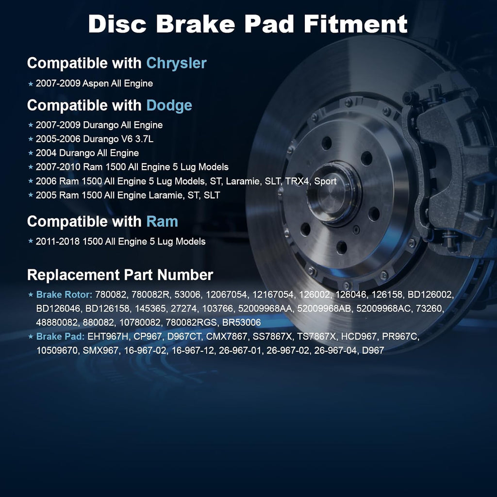 Rear Drilled and Slotted Disc Brake Rotors & Ceramic Brake Pads Kit Fit for Chrysler 2007-2009 Aspen; for Dodge 2004-2009 Durango, 2005-2010 Ram 1500; for Ram 2011-2018 1500#53006 D967