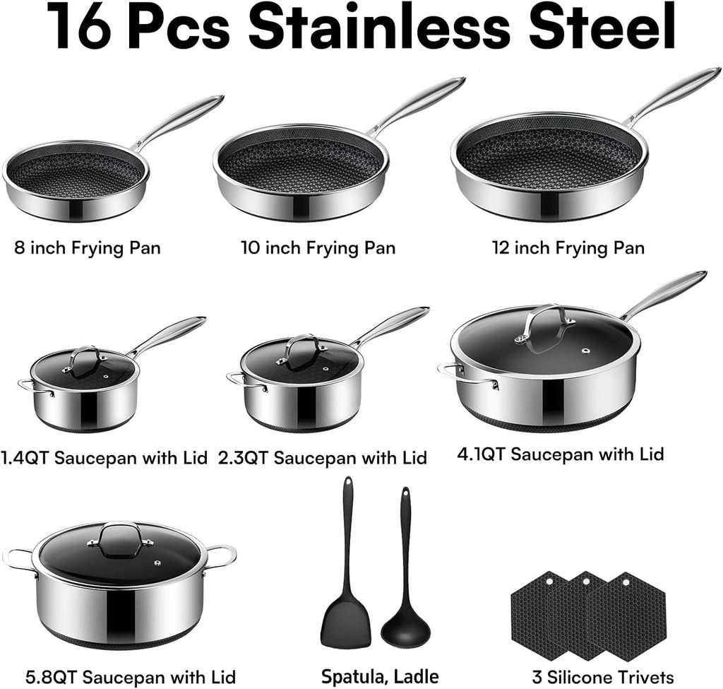16-Piece 5 Ply Stainless Steel Cookware Set with Lids, Pots and Pans Set Non Stick, Non-Toxic, for Induction, Oven, Dishwasher Safe, RV Essentials, Kitchen Appliances