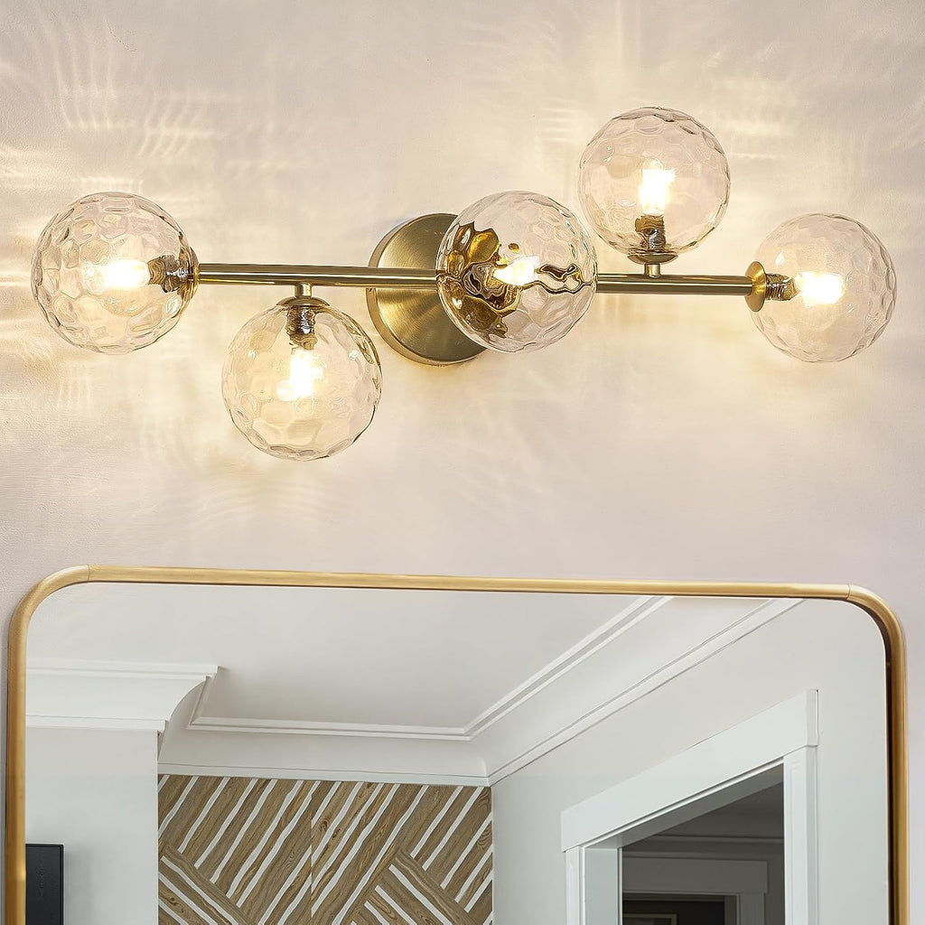 Gold Bathroom Vanity Light Fixtures: Modern Bath 5 Lights Brushed Golden Brass Wall Sconce - Vanity Light with Hammered Clear Globe Bubble Glass Shade - Midcentury Bathroom Lights Over Mirror G9 Base