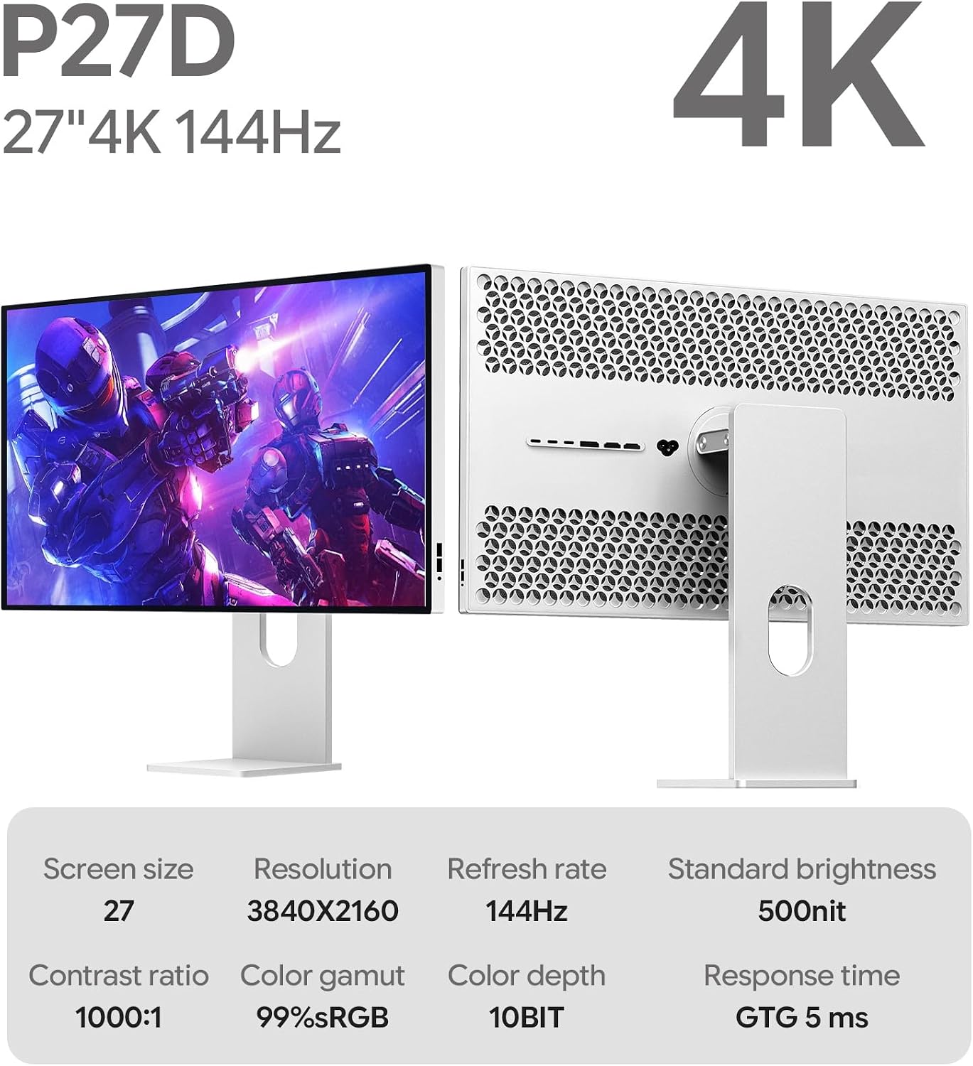 P27D 27'' UHD (3840 x 2160) 4K 144Hz Glossy Monitor, IPS Panel, 10-Bit Color, 99% sRGB, 96% DCI-P3, 5ms, HDR, Low Blue Light, Eye Care (Honeycomb - with Stand)