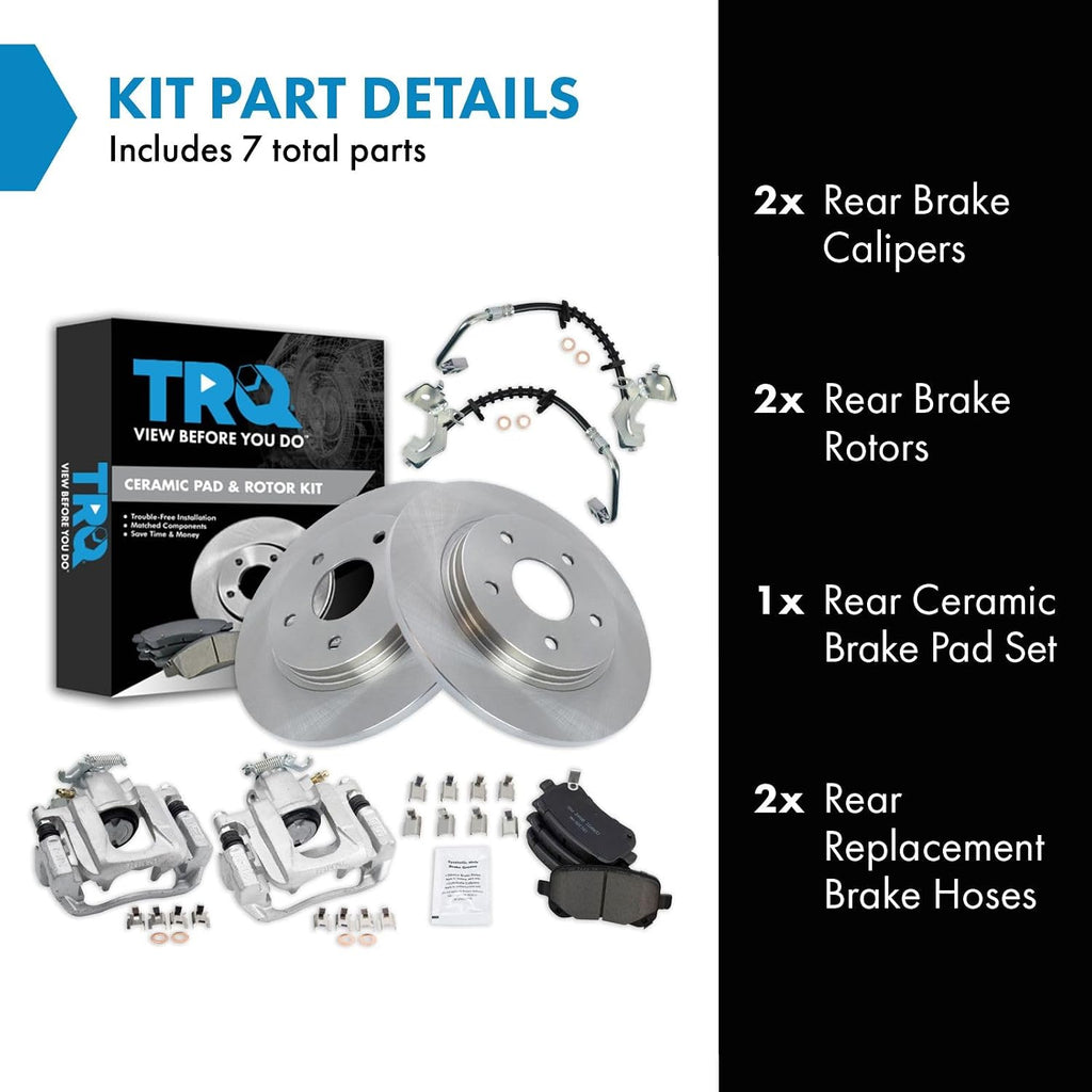 TRQ Rear Brake Pad and Rotor Set Ceramic Rotors Calipers Hoses Compatible with 2008-2011 Chrysler Town & Country 2008-2011 Grand Caravan 2009-2011 Volkswagen Routan