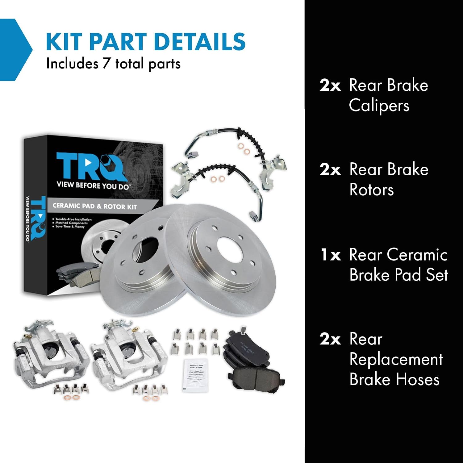 TRQ Rear Brake Pad and Rotor Set Ceramic Rotors Calipers Hoses Compatible with 2008-2011 Chrysler Town & Country 2008-2011 Grand Caravan 2009-2011 Volkswagen Routan