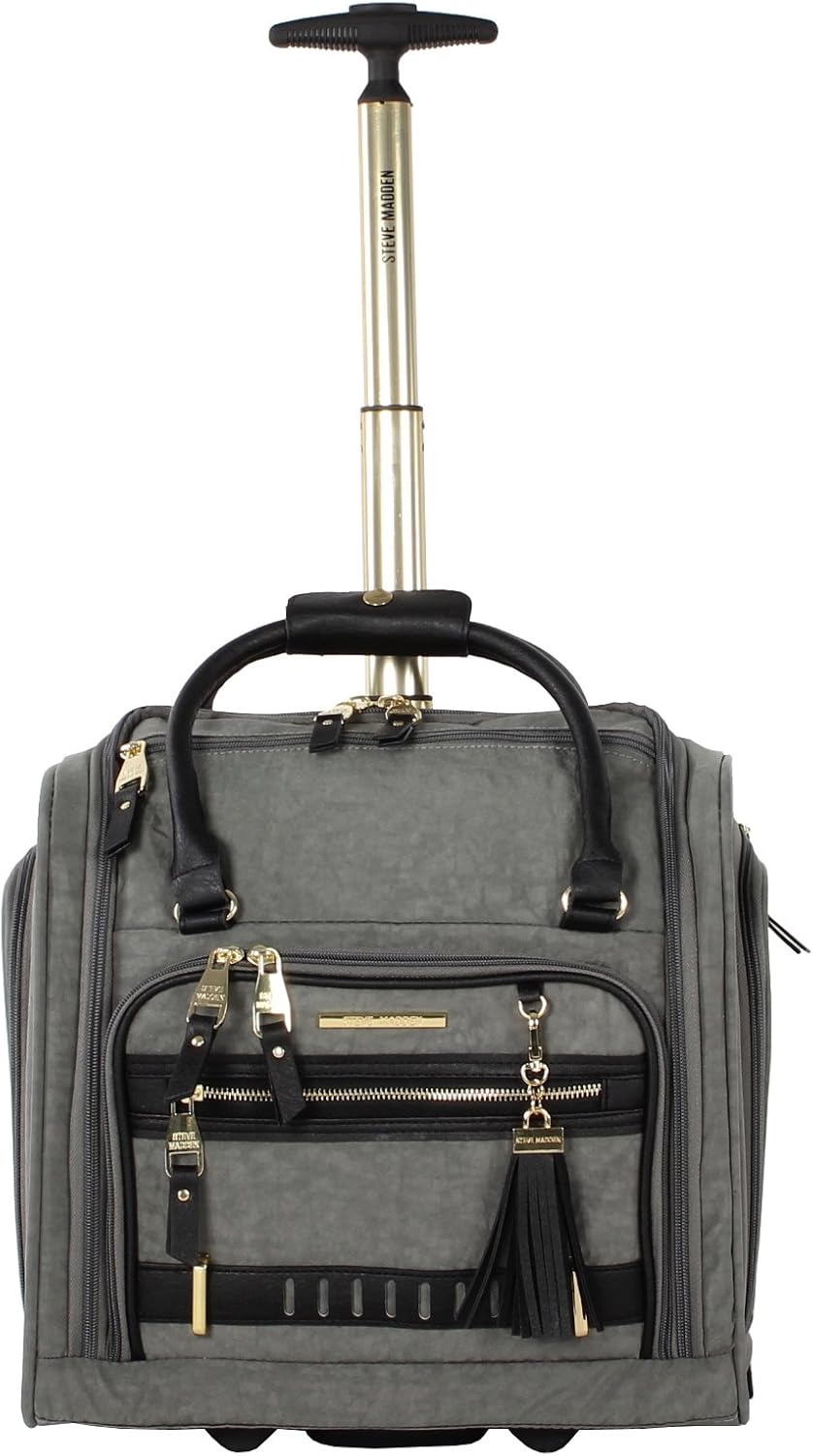 Steve Madden Designer 15 Inch Carry On - Weekender Overnight Business Travel Luggage - Lightweight 2- Spinner Wheels Suitcase - Under Seat Rolling Bag for Women, Peek-a-boo Grey, 15.0 x 14.0 9.0