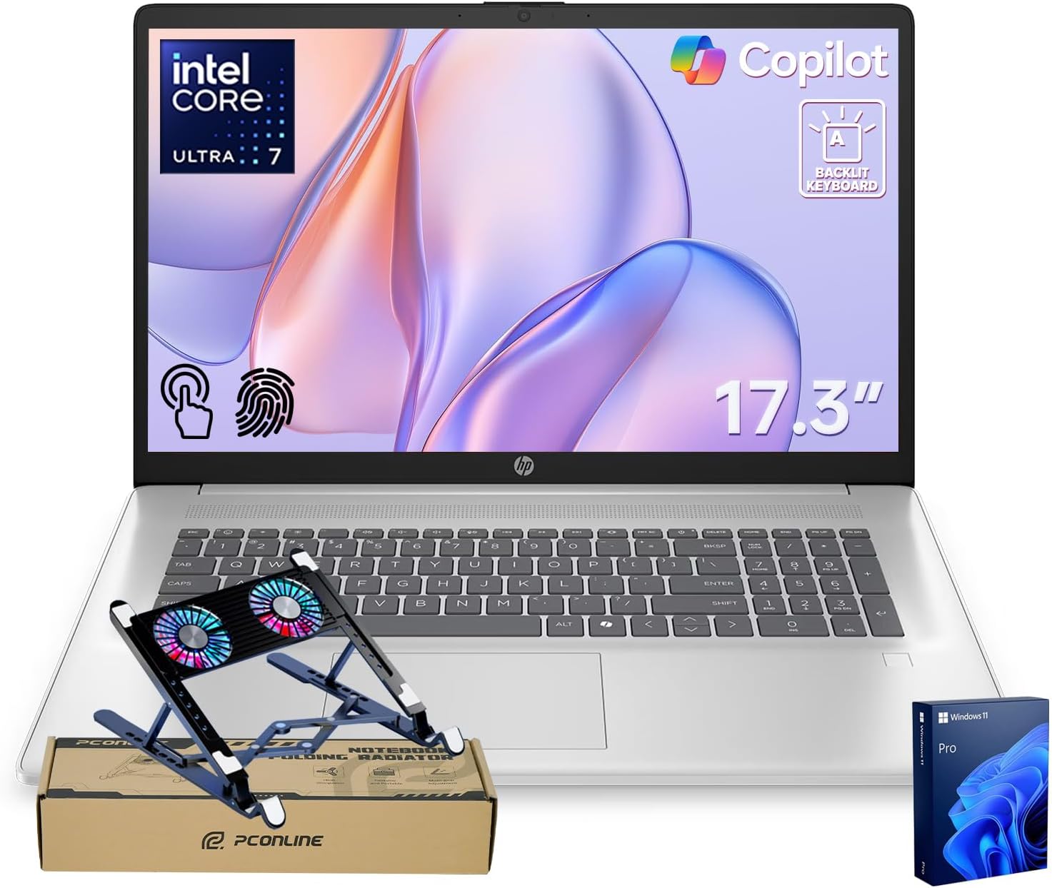 HP Pro Business Copliot AI Laptop PC, 17.3' Touchscreen, Ultra 7 255U, 16GB DDR5, 1TB SSD, Wi-Fi 6, Webcam, Backlit Keyboard, Fingerprint Reader, Bundle with PCO Laptop Cooler