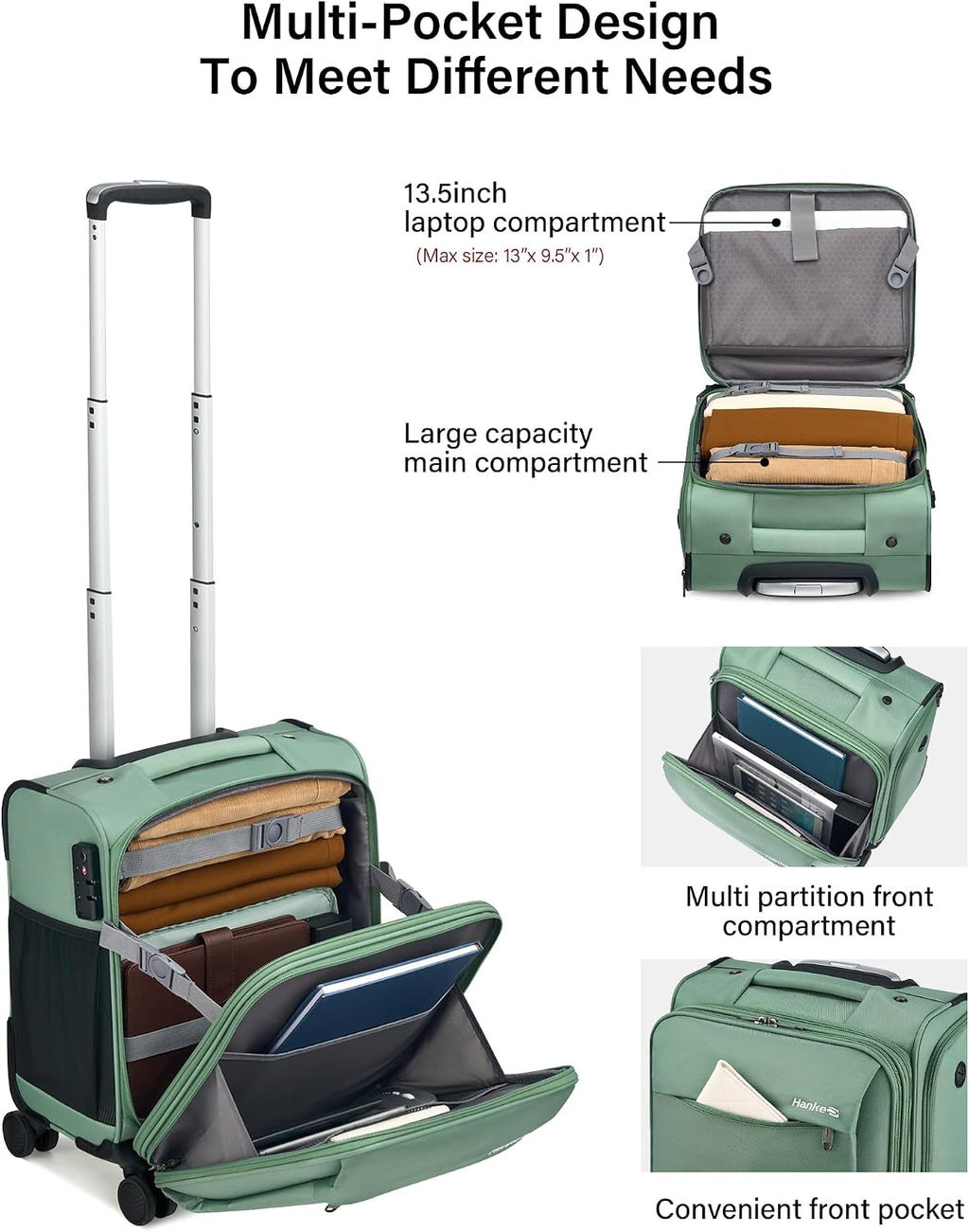Hanke 16 Inch Underseat Carry On Luggage with Wheels Small Suitcase Softside Luggage Bags for Travel Lightweight Suitcases with Wheels Travel Luggage Personal Item for Men and Women(Forest Green)