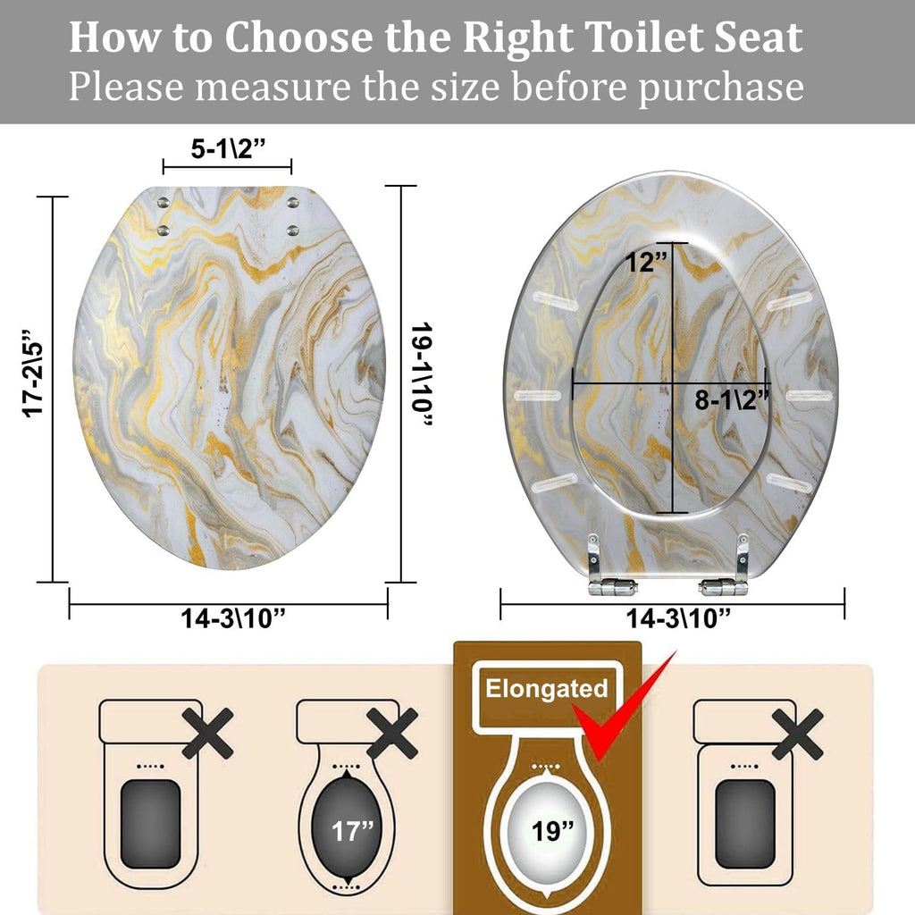 Elongated Toilet Seat marble ink paper texture white silver gold Resin Toilet Seat Quietly Close Quick Release Hinges Decorative Toilet Seat with Cover Easy to Install, Style 2