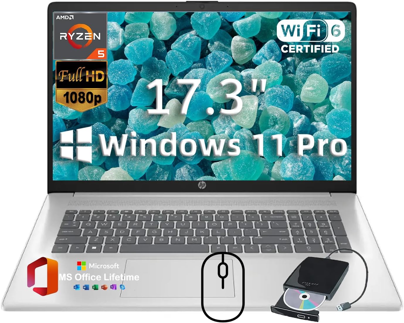 HP 17.3' Business Student Laptop • w/Office Lifetime & External DVD Drive • AMD Ryzen 5 7430U • FHD (1920 x 1080) IPS Display • Wi-Fi 6 • Win 11 Pro • 64 GB RAM • 1TB SSD • Natural Silver