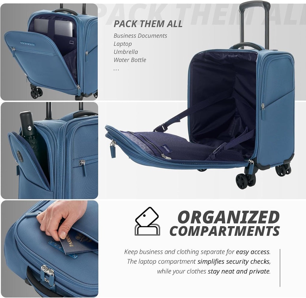 Verage Under Seat Luggage with Wheels, Softside Small Suitcase Spinner Carry On Luggage Bags for Airlines Airplanes Short Trip Men Women (Coast Blue, 14-Inch Underseat)
