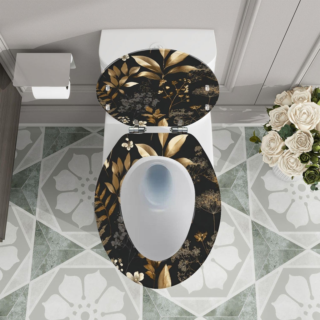 Elongated Toilet Seat Gold Silver Floral Black Leaves Flowers Resin Toilet Seat Quietly Close Quick Release Hinges with Cover Bumpers Decorative Easy to Install Clean