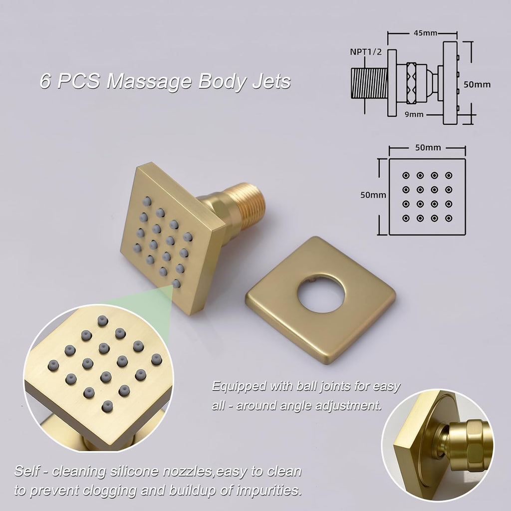 5 Function Thermostatic Shower System 16X24 inch Shower Head Set with 2 Function Handheld Spray, 6 Body Jet, Brushed Gold