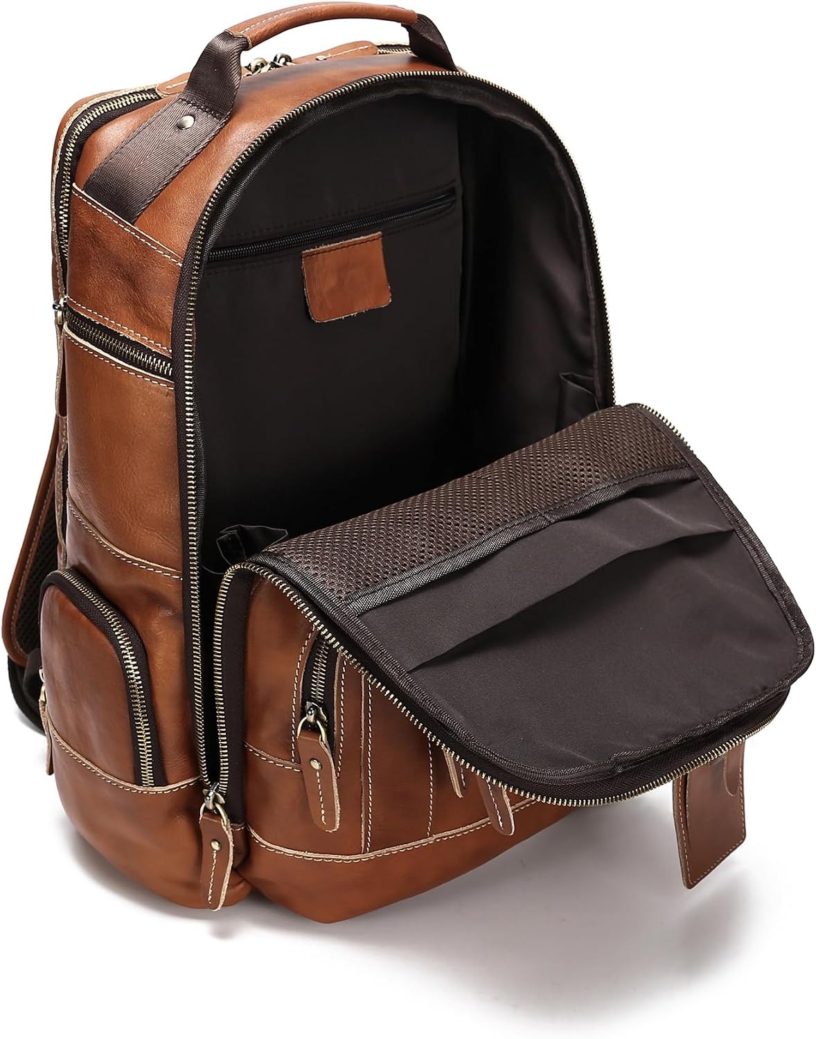LANNSYNE Vintage Genuine Leather Backpack for Men, 15.6' Laptop Backpack Camping Travel 24L Rucksack