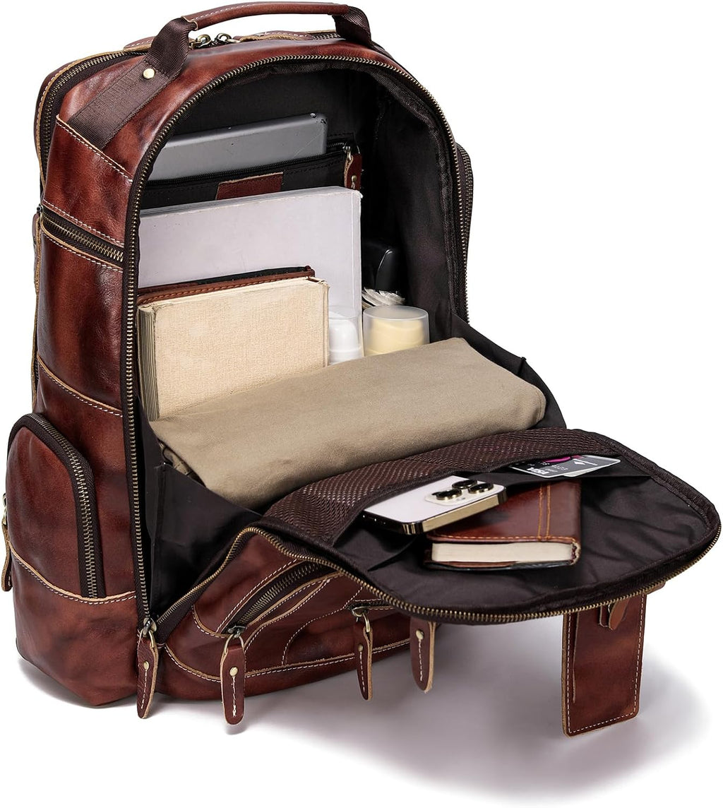 LANNSYNE Full Grain Leather Backpack For Men, Fits 16' Laptop, Coffee