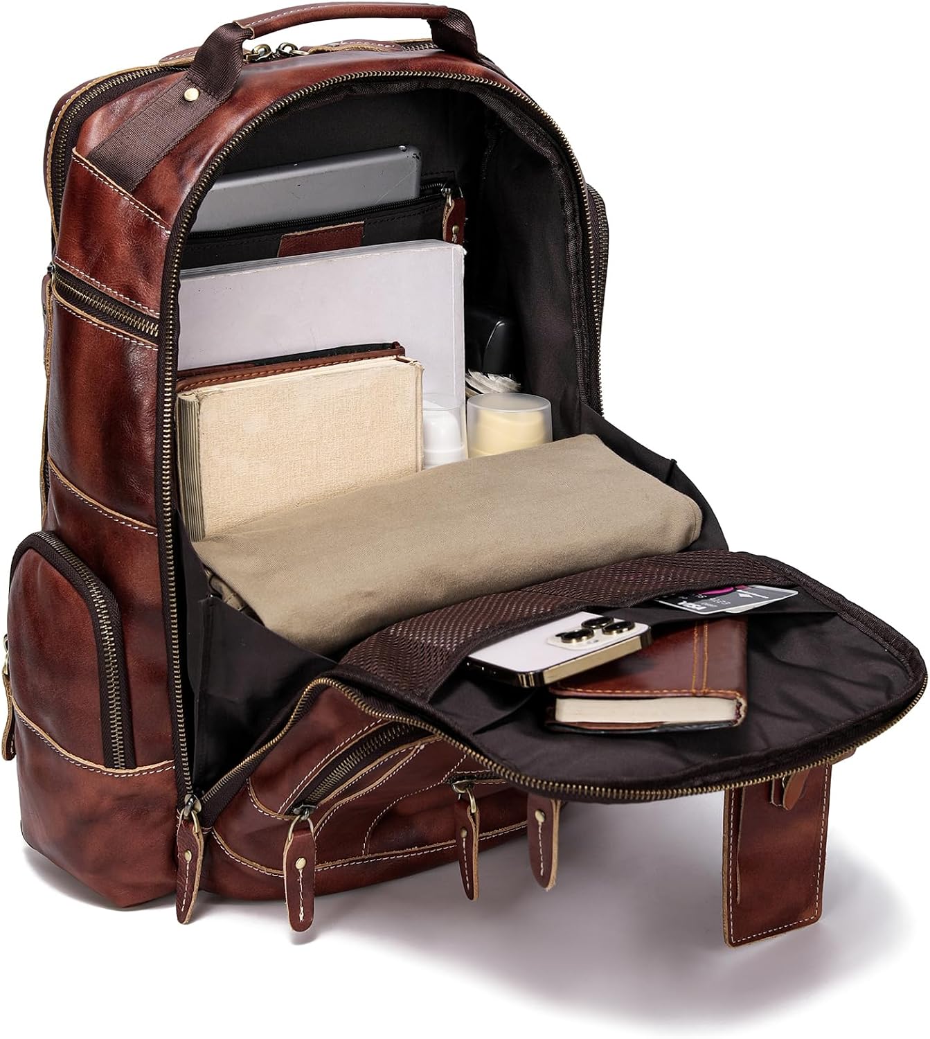 LANNSYNE Full Grain Leather Backpack For Men, Fits 16' Laptop, Coffee