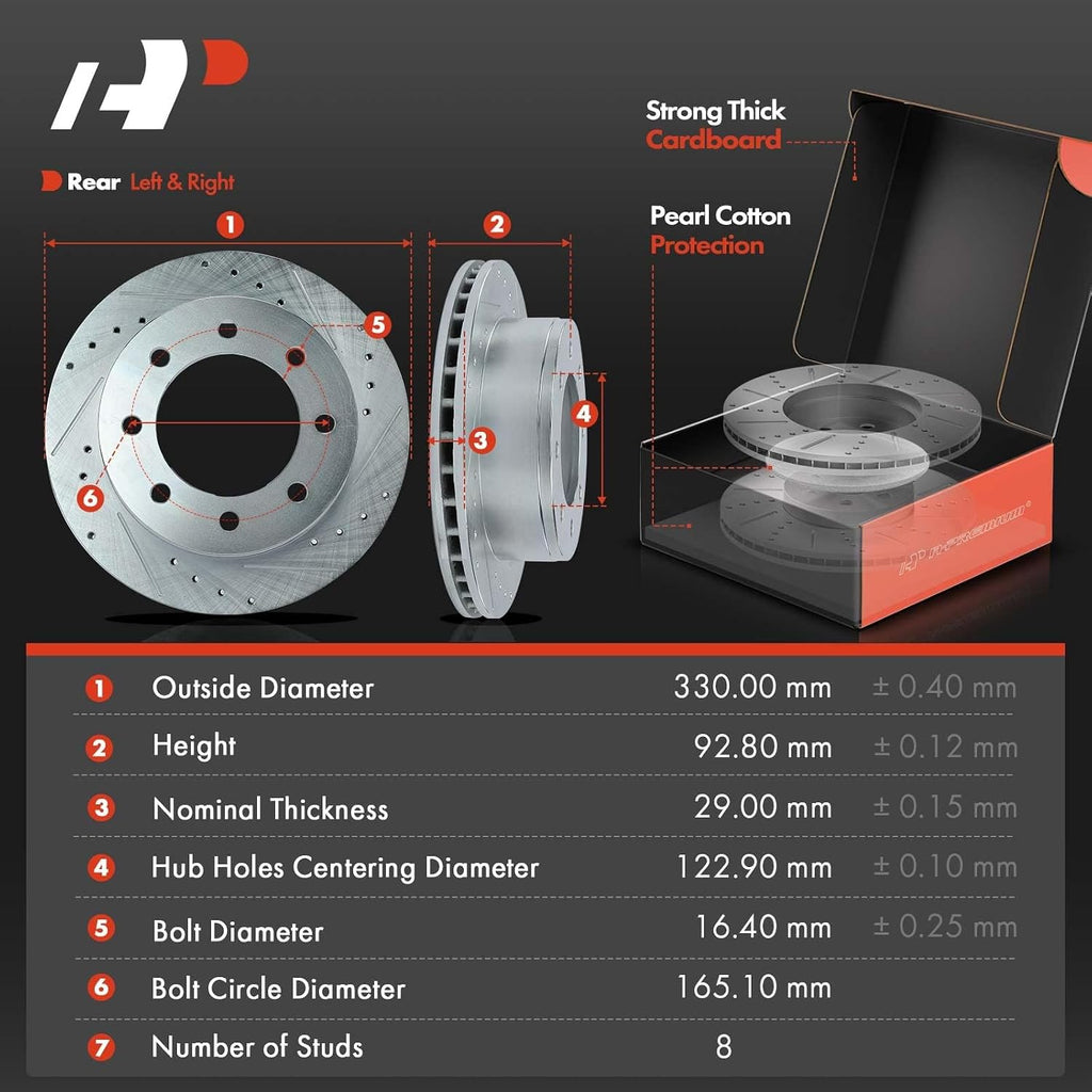 A-Premium 12.99 inch (330mm) Rear Drilled and Slotted Disc Brake Rotors + Ceramic Pads Kit Compatible with Select Chevy and GMC Models - Silverado HD, Suburban, Sierra 2500, Avalanche, Yukon XL, 6-PC