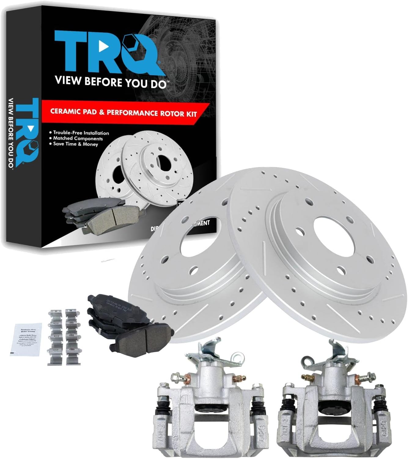TRQ Performance Rear Brake Pad and Rotor Set Ceramic Solid Rotors Calipers Compatible with 2013 Dodge Journey