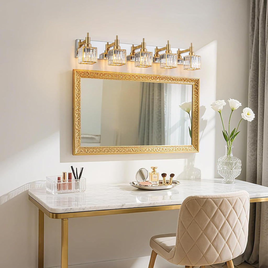 Crystal Bathroom Light Gold Chrome 5-Light Modern Bathroom Vanity Fixtures Over Mirror Square Wall Sconce