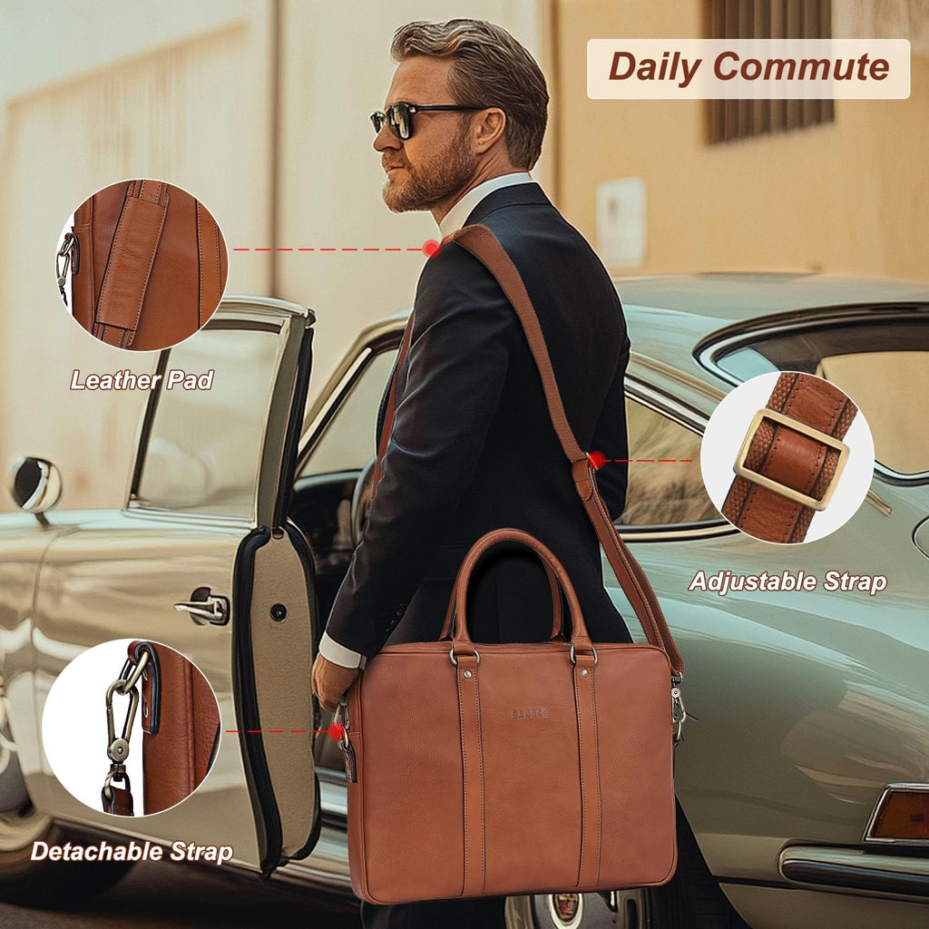 Banuce Premium Italian Full Grain Leather Briefcase for Men with Lock 14 Inch Laptop Bag Business Travel Office Work Bags with Detachable and Adjustable Strap Brown