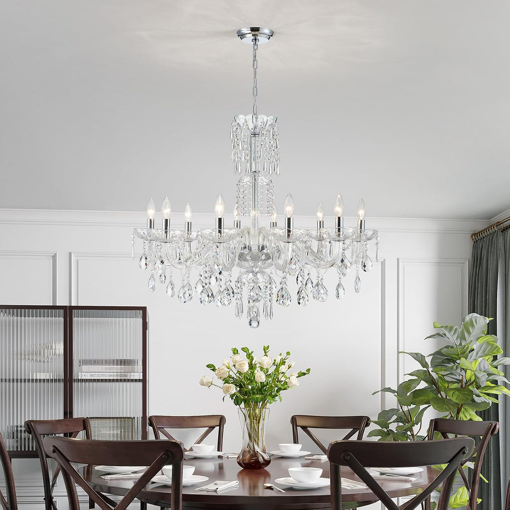 WUZUPS 10-Light Crystal Candle Chandelier Pendant Ceiling Light Modern Lighting Fixture for Bedroom Hallway Bar Kitchen Bathroom, H 26.7' W 33.9', E12 Base, Chrome