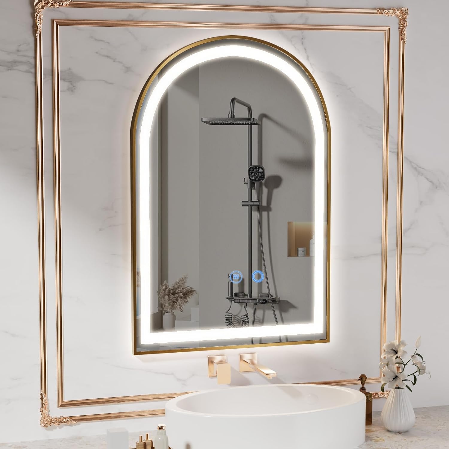 24' x 36' LED Bathroom Mirror with Lights, Gold Arched LED Mirror for Bathroom, Lighted, Anti-Fog, Dimmable Adjustable, 3 Colors, Vertical/Horizontal, CRI90+,Touch Button