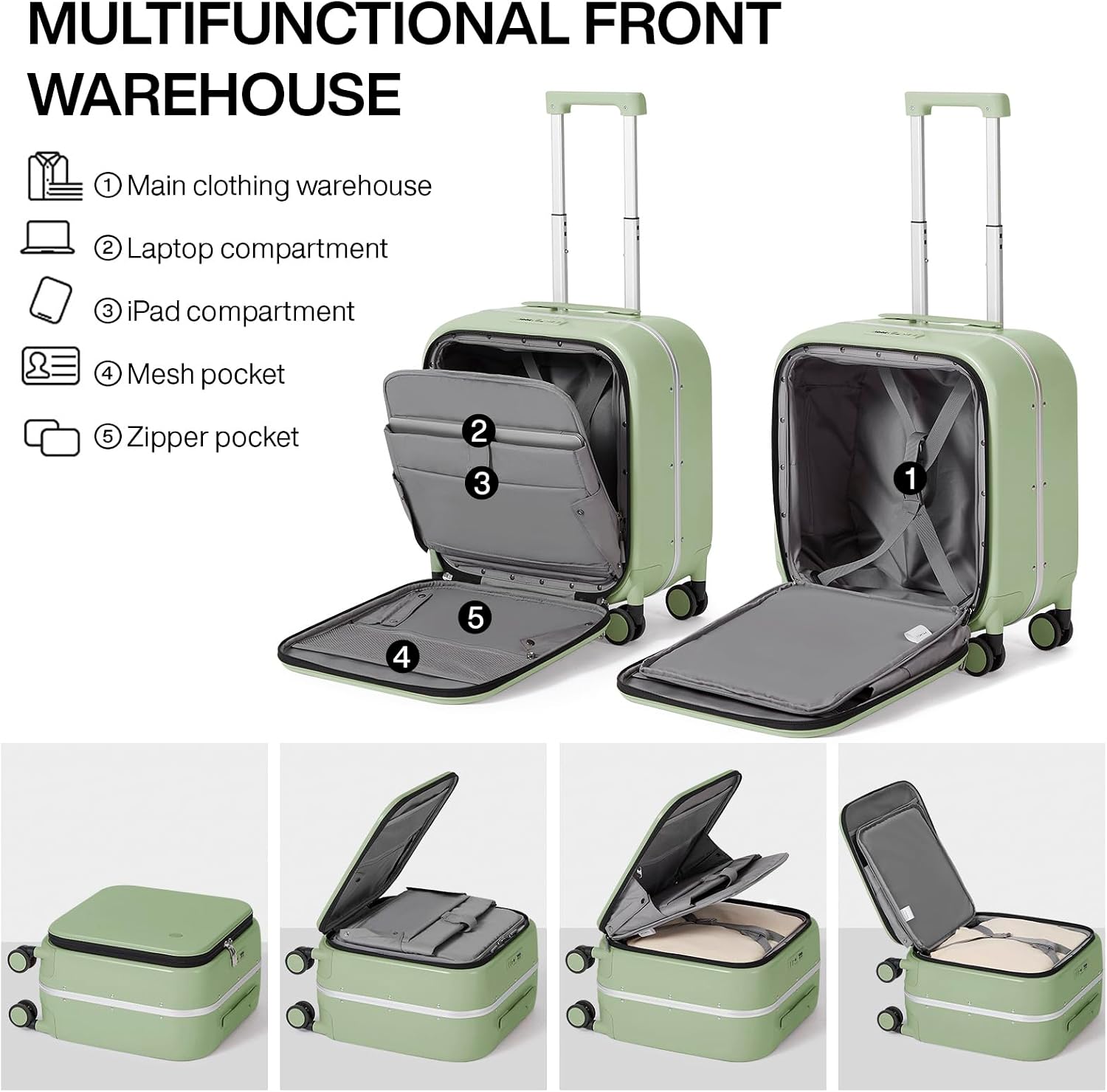 mixi Carry On Luggage, 18' Suitcase with Front Pocket, Travel Luggage Aluminum Frame PC Hardside with Spinner Wheels & TSA Lock and Cover (Not for Underseat), Avocado Green