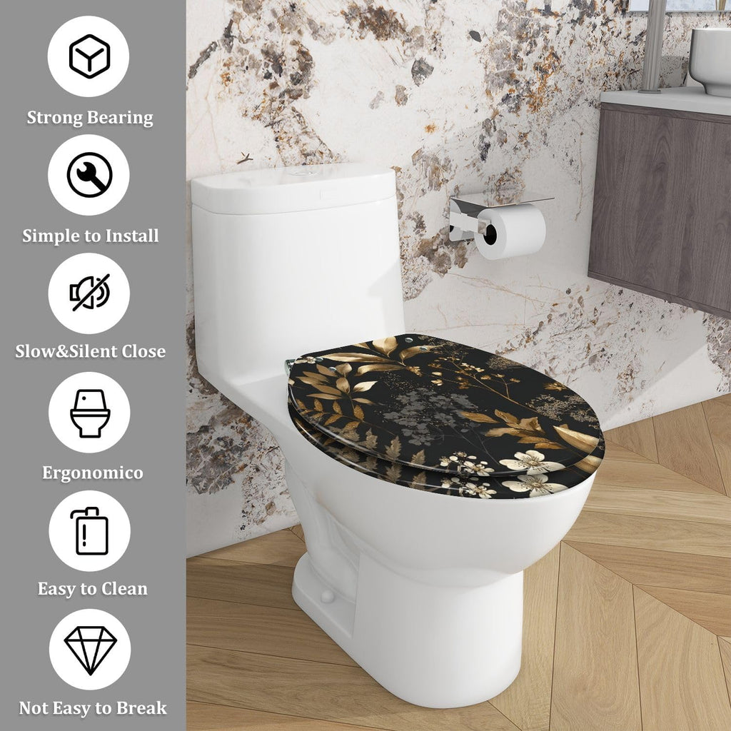 Elongated Toilet Seat Gold Silver Floral Black Leaves Flowers Resin Toilet Seat Quietly Close Quick Release Hinges with Cover Bumpers Decorative Easy to Install Clean