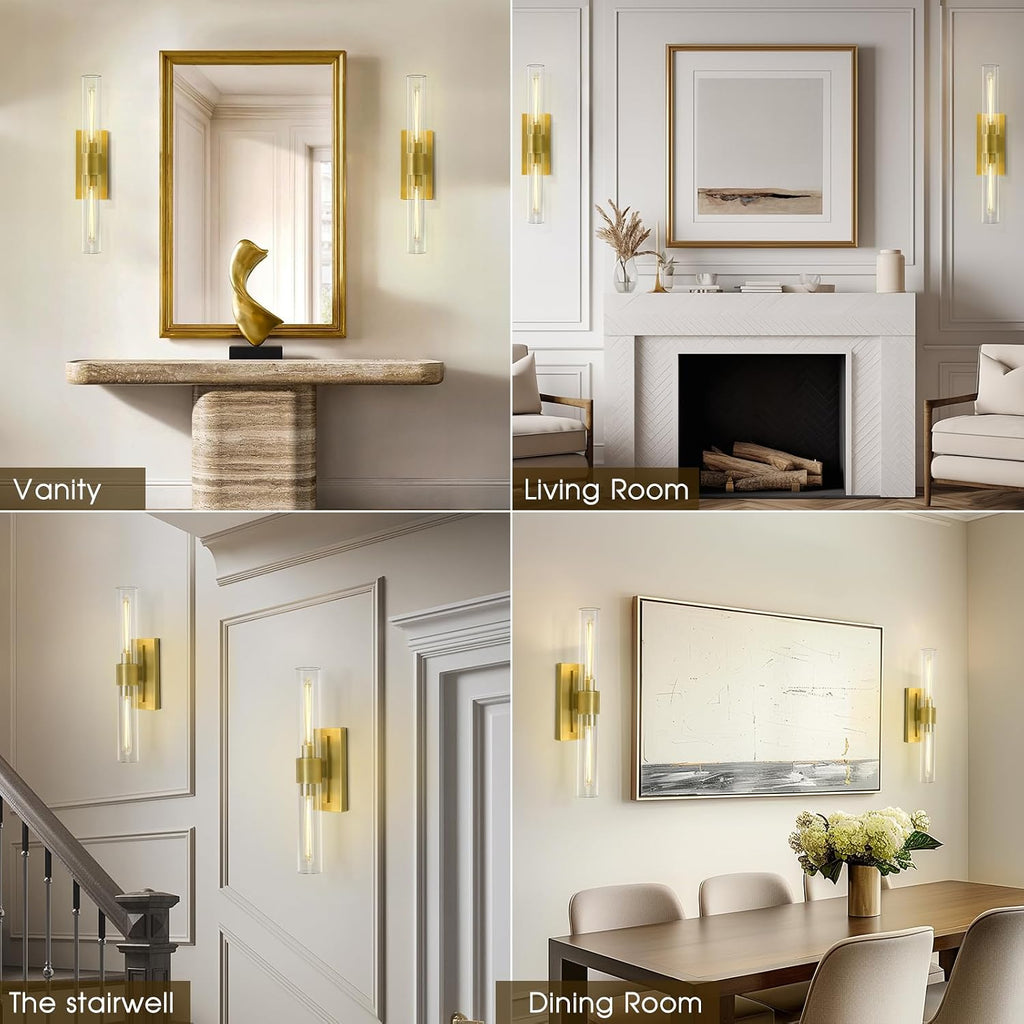 Brass Bathroom Vanity Light, 2-Light Bathroom Wall Sconce Over Mirror, 22.8' Gold Vanity Light for Bathroom, Dimmable Vanity Sconce with Glass Tube, Bathroom Linear Sconce Vertical & Horizontal, 1 PC