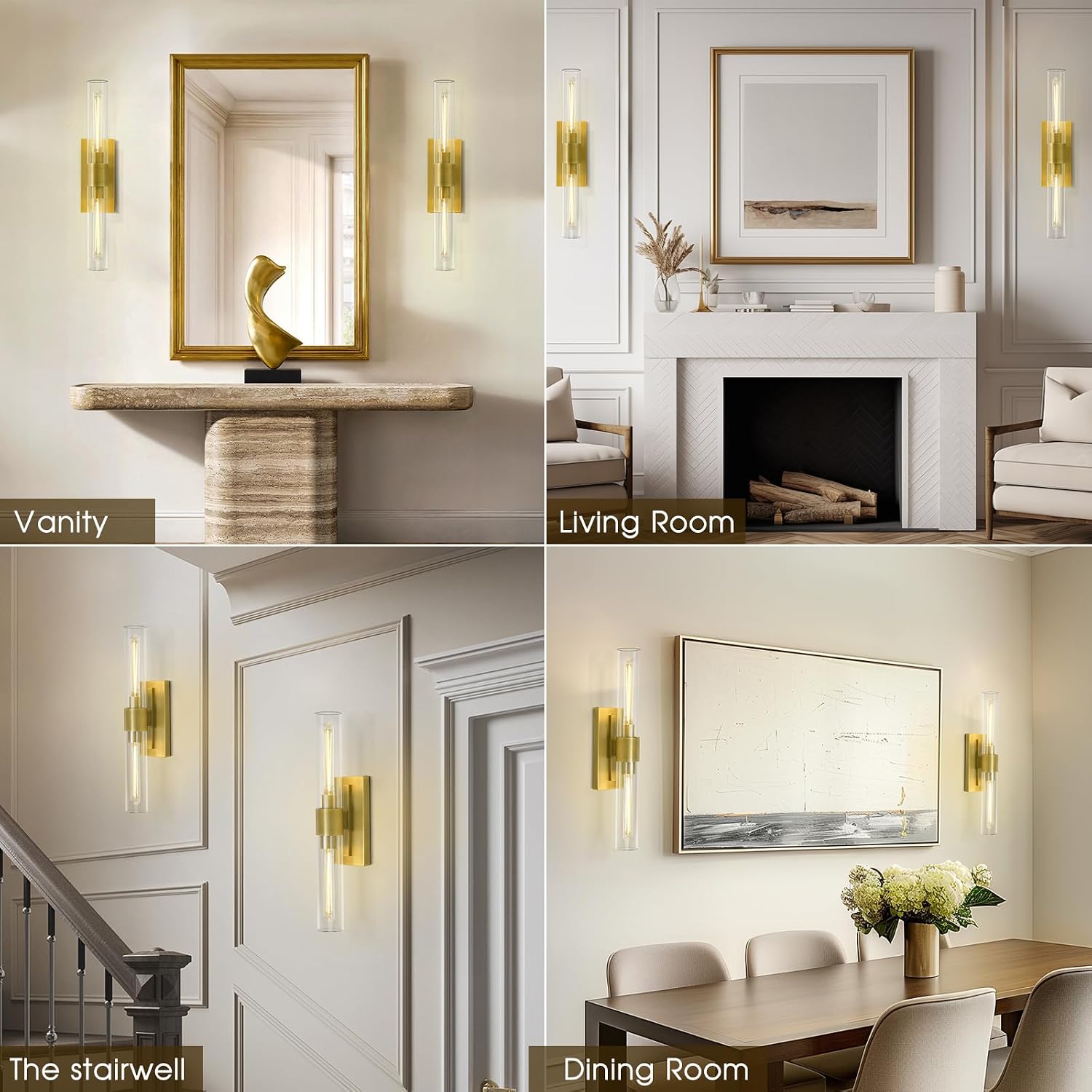 Brass Bathroom Vanity Light, 2-Light Bathroom Wall Sconce Over Mirror, 22.8' Gold Vanity Light for Bathroom, Dimmable Vanity Sconce with Glass Tube, Bathroom Linear Sconce Vertical & Horizontal, 1 PC