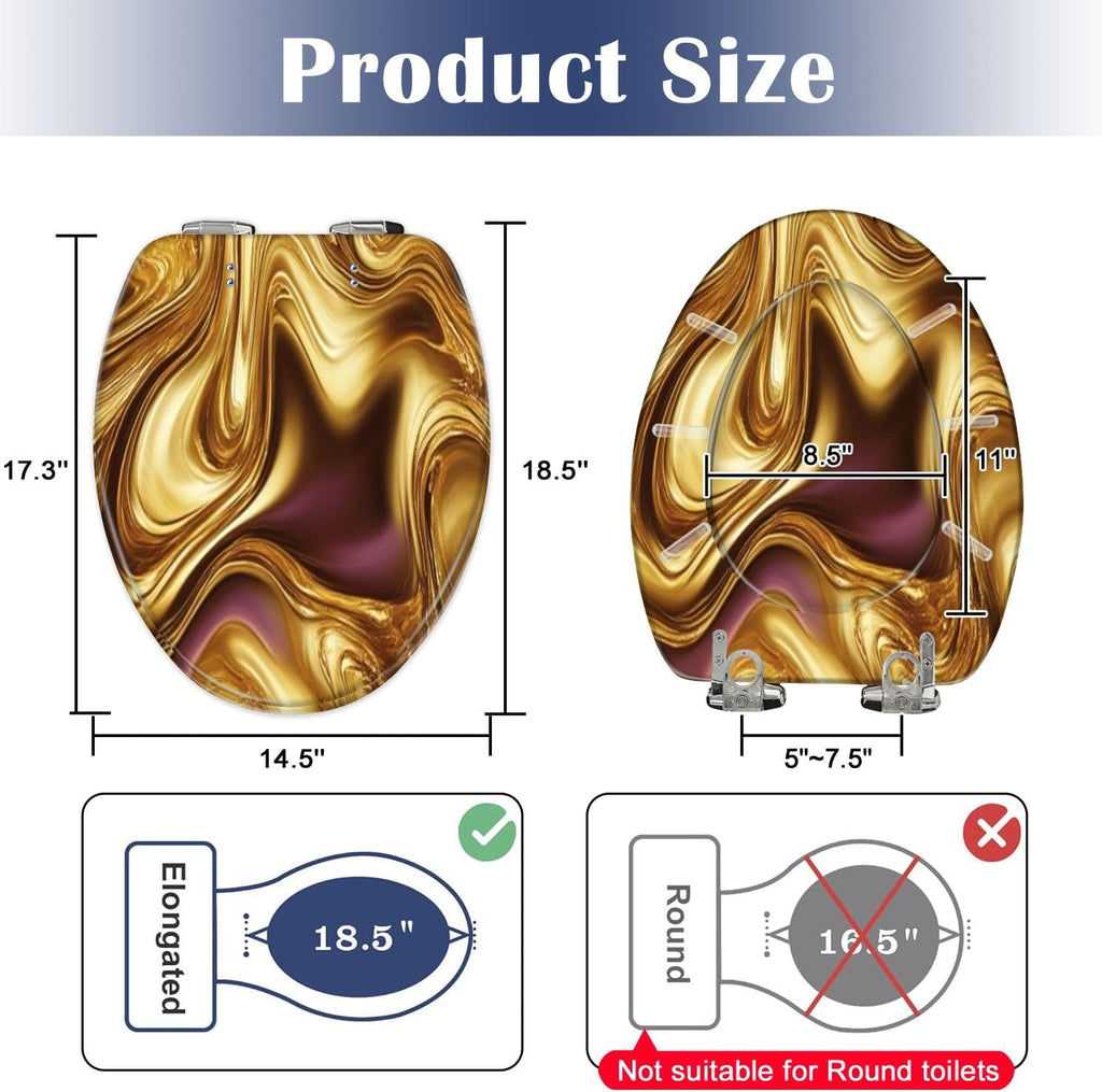 Elongated Toilet Seat Liquid abstract swirl fluid gold silver bronze Resin Toilet Seat Slow Quiet Close Lid with Quick-Release Hinges Cover Bumpers Easy to Clean Install