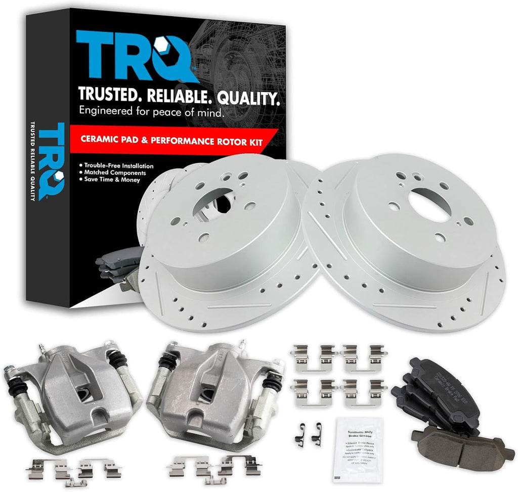 TRQ Performance Rear Brake Pad and Rotor Set Ceramic Coated Drilled Slotted Rotors Calipers Compatible with 2008-2013 Toyota Highlander