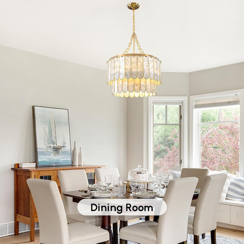 Modern 5-Light Shell Chandelier, 2-Tiered Faceted Pendant Light with Gold Metal Frame, E26 Lighting Fixture for Dining Room, Bedroom, Living Room