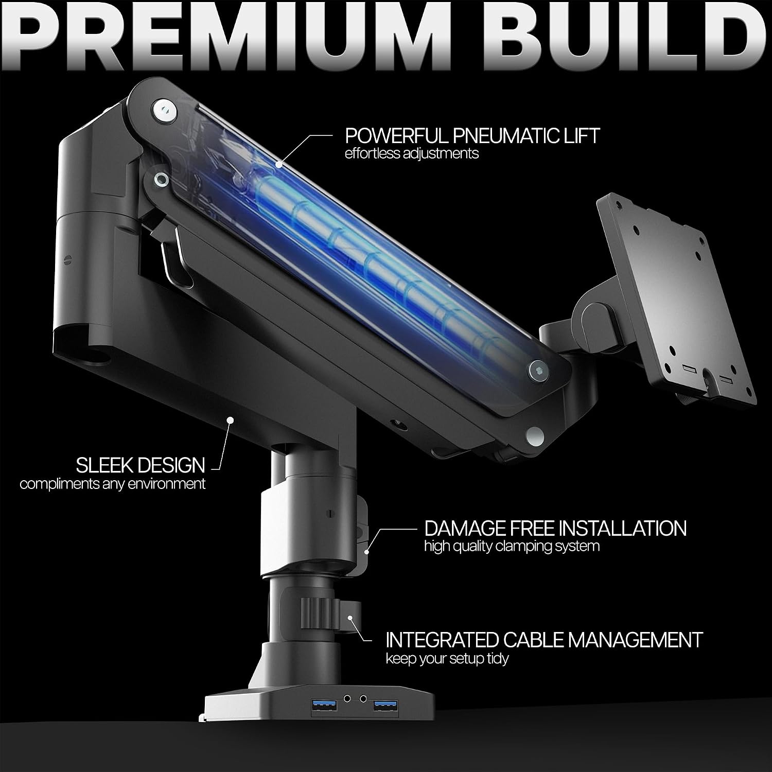 VIVO Premium Aluminum Tall Extended Monitor Arm for Ultrawide Monitors up to 49 inches and 33 lbs, USB Single Desk Mount Stand, Pneumatic Height Adjust, Max VESA 100x100, Black, STAND-V101GTU
