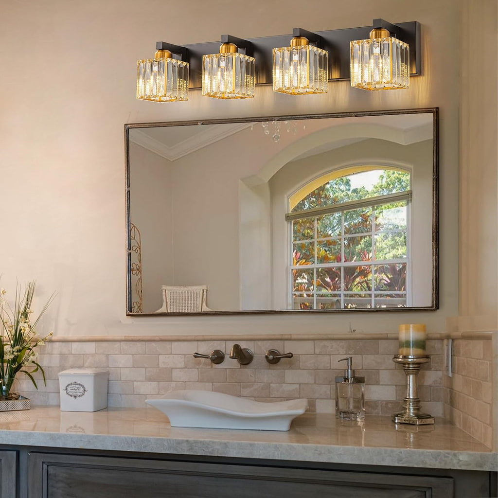 Crystal Black Gold Bathroom Vanity Light, 4-Lights Bathroom Lighting Fixtures Over Mirror Modern Crystal Wall Lighting with Square Shade