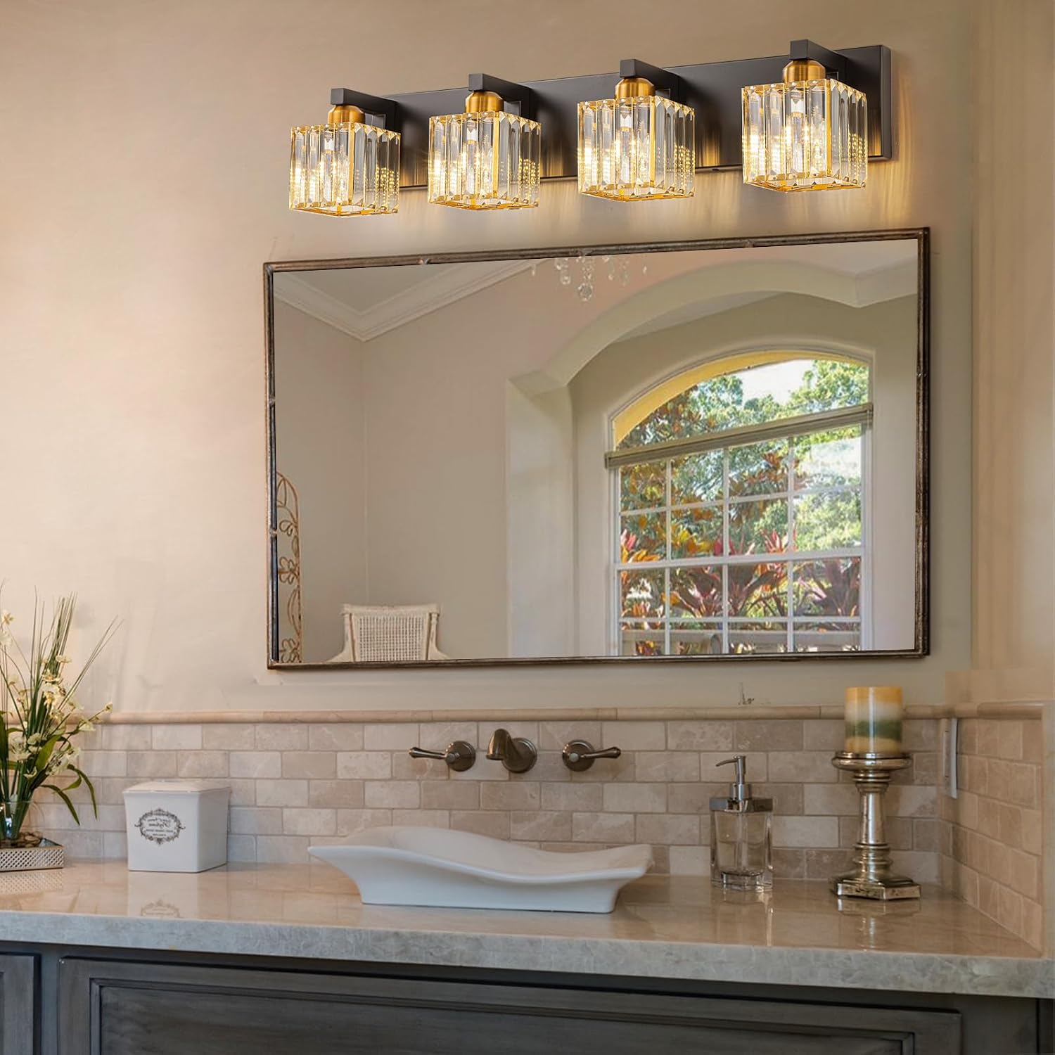 Crystal Black Gold Bathroom Vanity Light, 4-Lights Bathroom Lighting Fixtures Over Mirror Modern Crystal Wall Lighting with Square Shade
