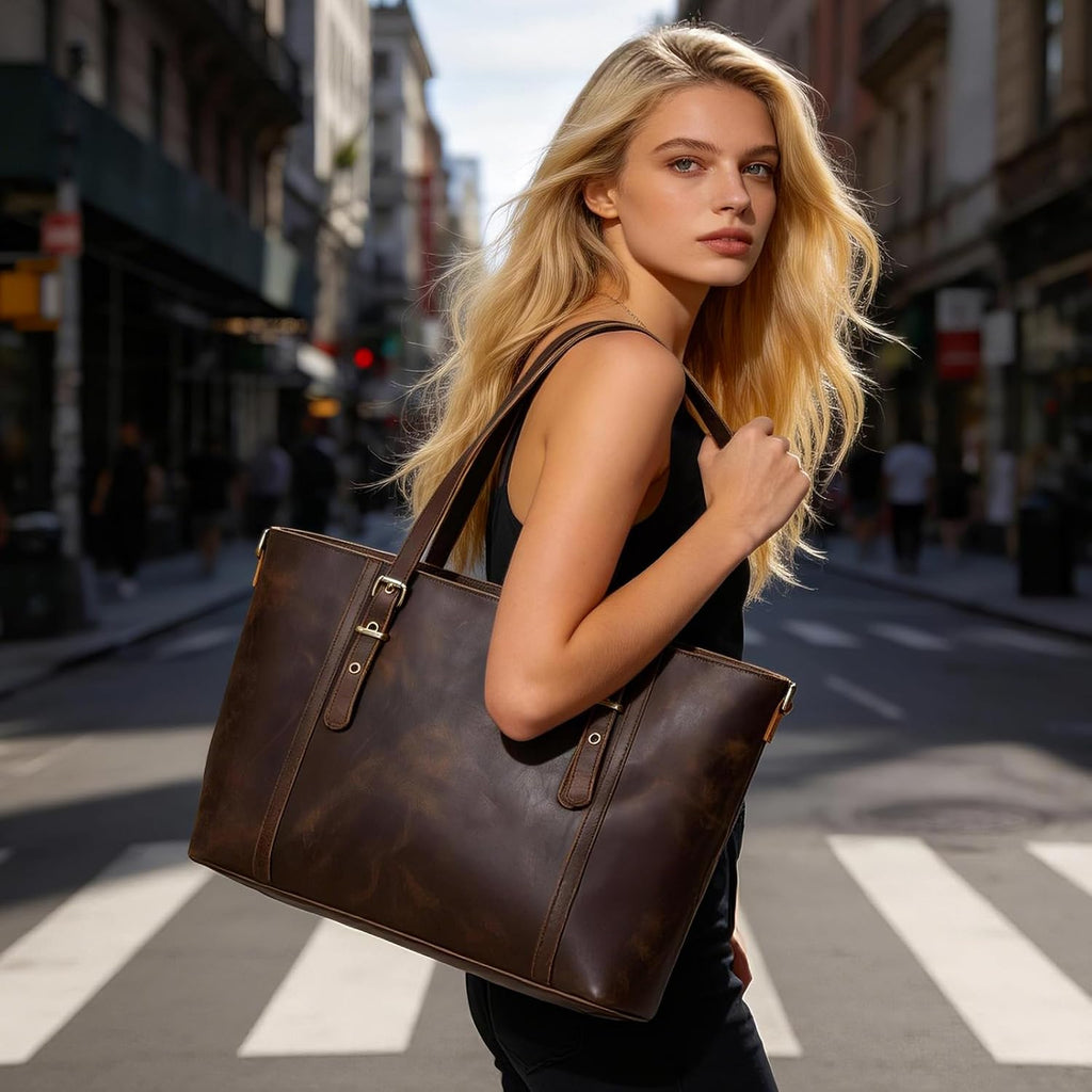 TIDING Leather Tote Bag for Women Work, Vintage Business Laptop Handbag Shoulder Bag with Adjustable Handles