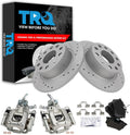 TRQ Performance Rear Brake Pad and Rotor Set Ceramic Slotted Drilled G Coated Solid Rotors Calipers Compatible with 2013 Volkswagen Beetle