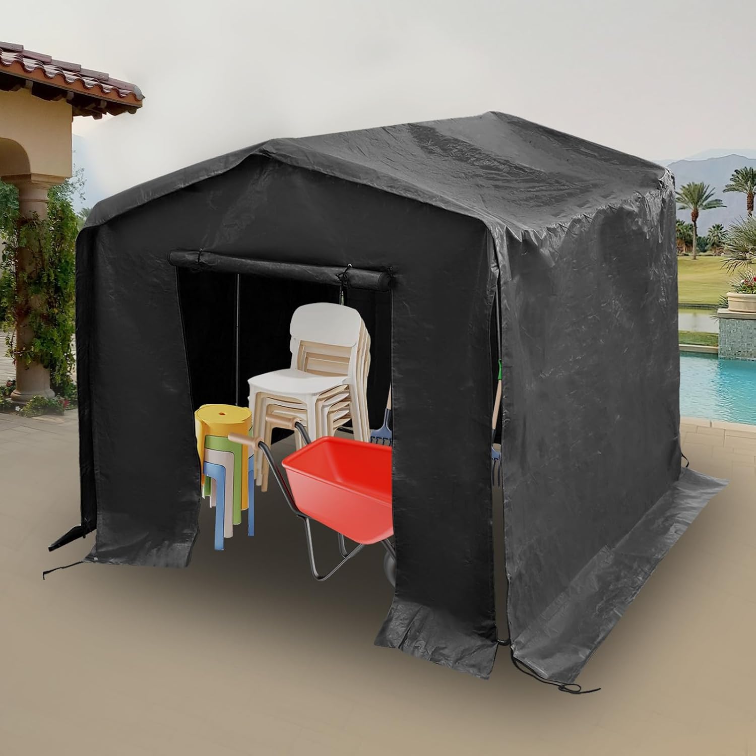 8x8x8 FT Outdoor Storage Shelter Carport, Portable Storage Tent with Roll-up Door, Waterproof Outdoor Carport for Bike, Lawn Mower, ATV Storage (Black)