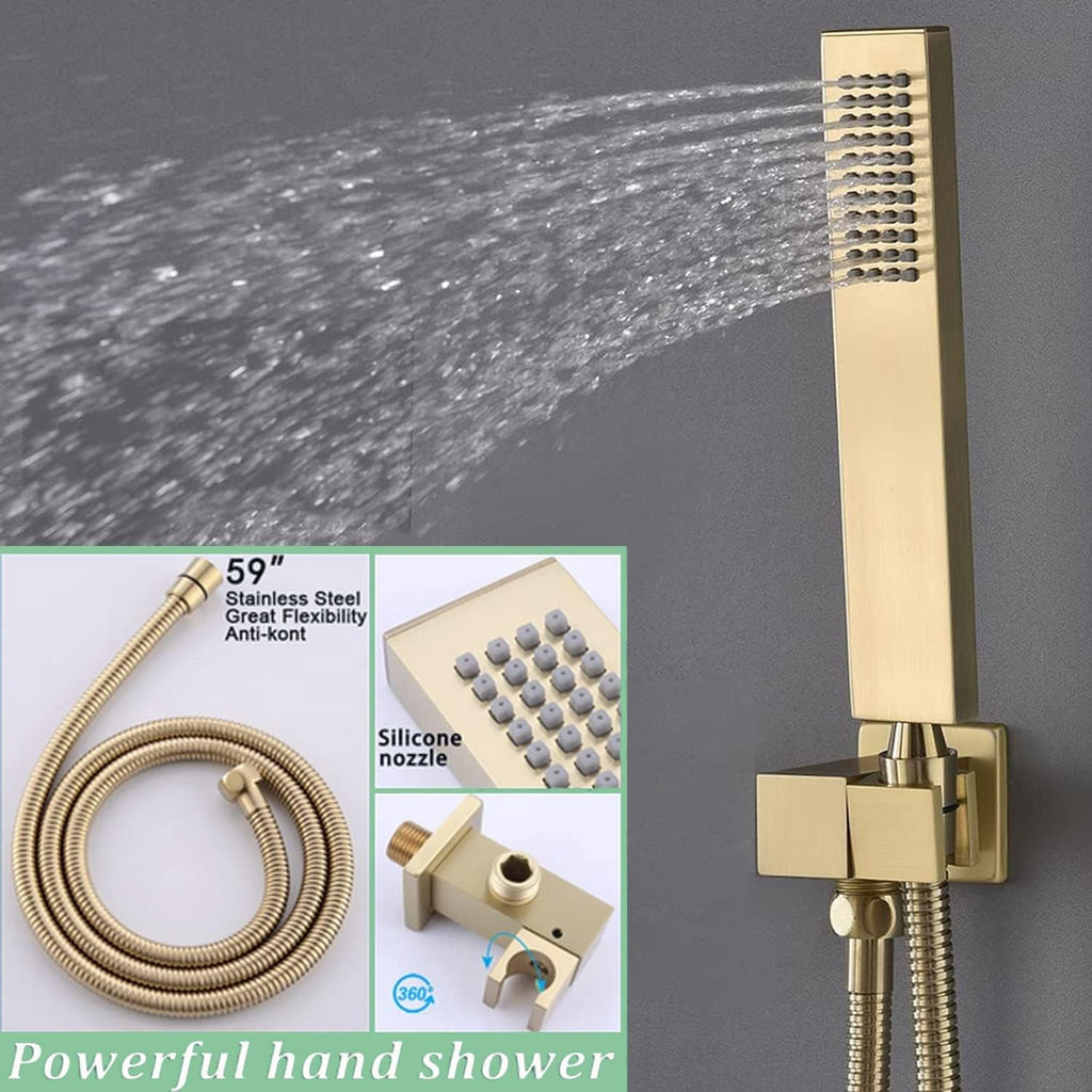 Brushed Gold Dual Shower Heads Shower System with 12'& 8' Shower Heads Full Body Digital Display Shower Set With Handheld Shower and Waterfall Tub Spout