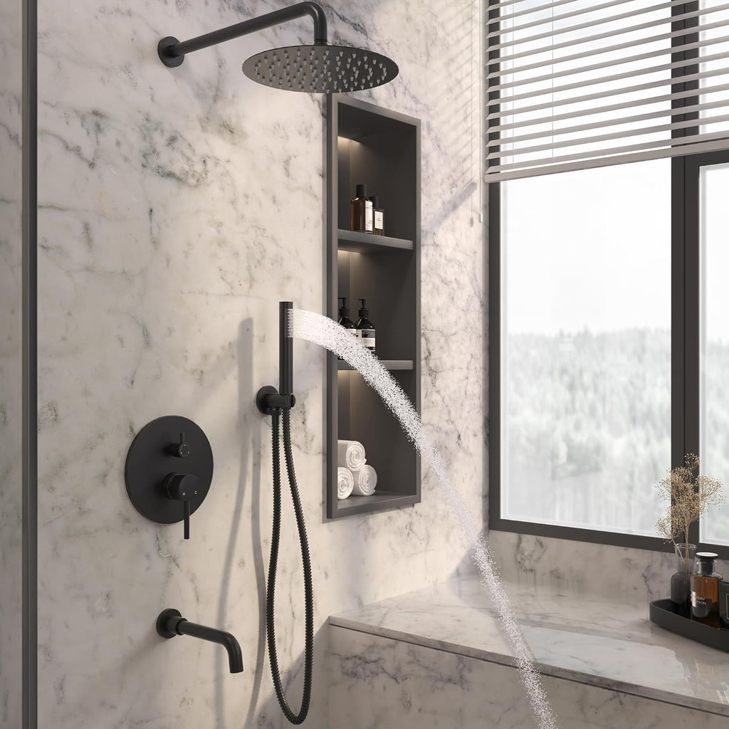 MONDAWE Round Shower Faucet Set with Tub Spout, Wall Mounted Shower System 10 Inch Rainfall Shower Head with Handheld Combo, Matte Black High Pressure Shower Faucets Sets Complete