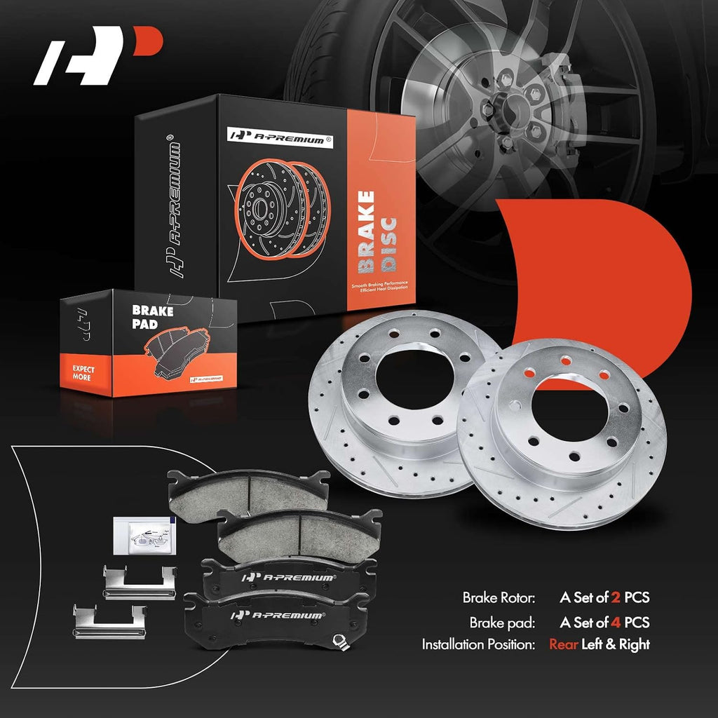 A-Premium 12.99 in(330mm) Rear Drilled and Slotted Disc Brake Rotors + Ceramic Pads Kit Compatible with Select Chevy, GMC and Hummer - Silverado 1500 HD, Suburban, Sierra 1500, Yukon XL 2500, H2