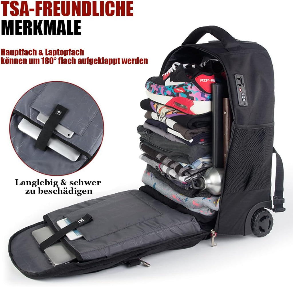 Extra Large Rolling Backpack with Wheels - Water-Resistant, 18' Laptop Compartment, 22.5'x15'x10', 55L Capacity, Ideal Carry-On for Weekend Travel, College, Work - Wheeled Business Backpack for Adults