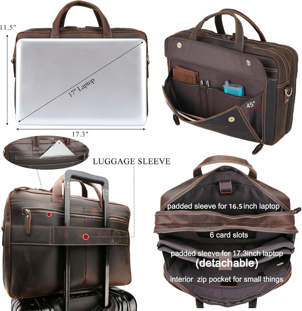 Masa Kawa Leather Briefcase for Men 15.6', 17' Laptop Computer Case Business Travel Work Messenger Cross Body Shoulder Bag